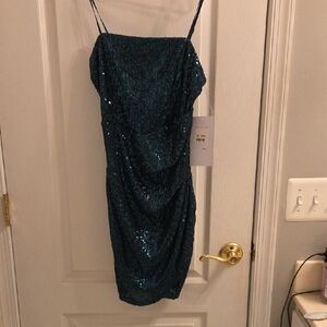 Honey and Rosie Teal Sequin Cowl Mini Dress